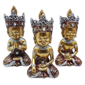 Trio de Buda Tailandês da Prosperidade Vermelho Gold 12cm