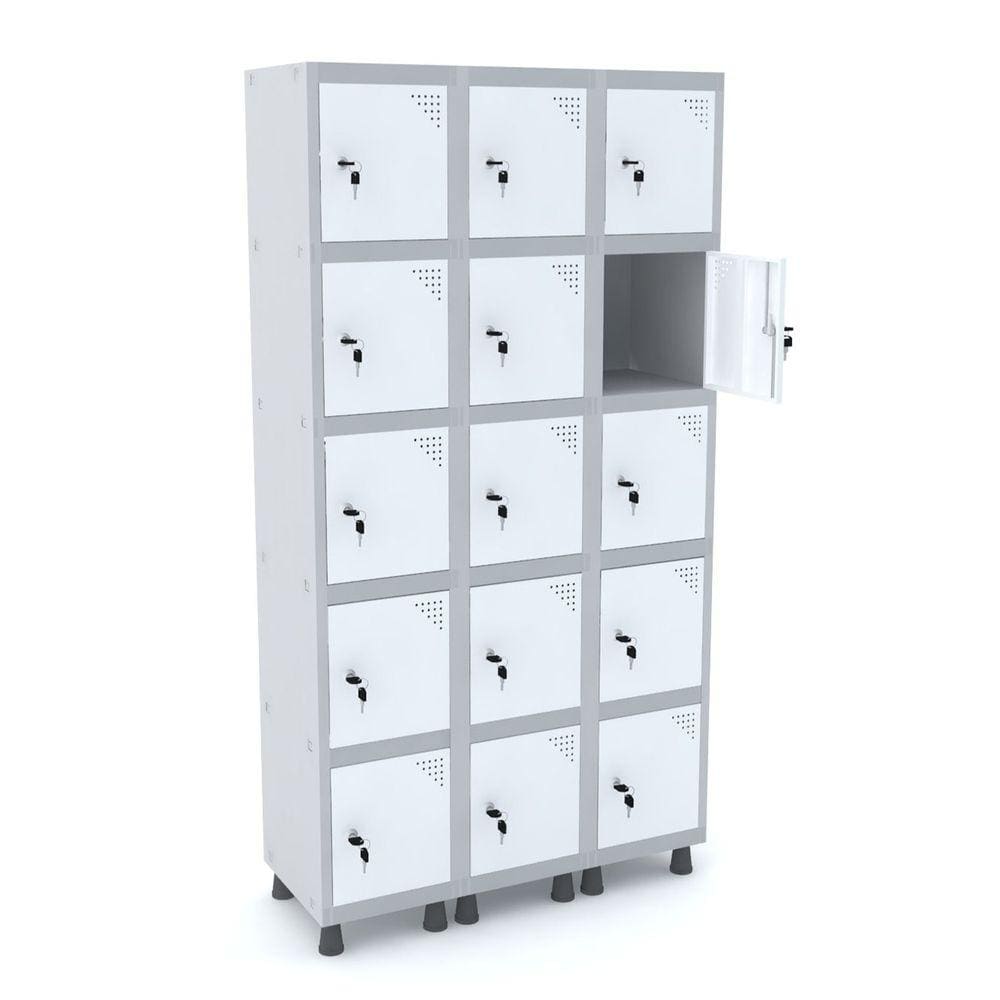 Roupeiro De Aço 3M 15 Portas Fechadura Pandin - Cinza/Branco