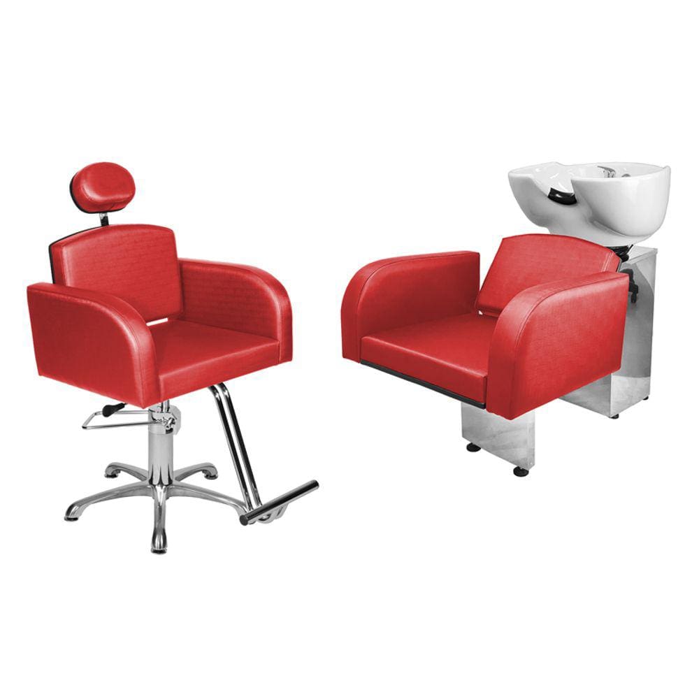 Kit Salão Destak Cadeira Reclinável Base Estrela + Lavatório Vermelho