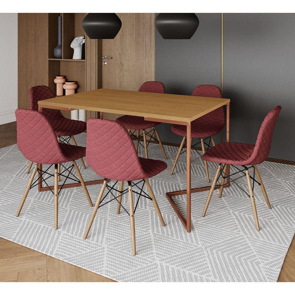 Mesa Industrial Retangular Canela Base V Cobre 137x90cm com 6 Cadeiras Madeira Estofadas Vermelhas