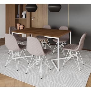 Mesa Industrial Retangular Amêndoa Base V 137x90cm 6 Cadeiras Estofadas Eames Nude Médio Aço Branco