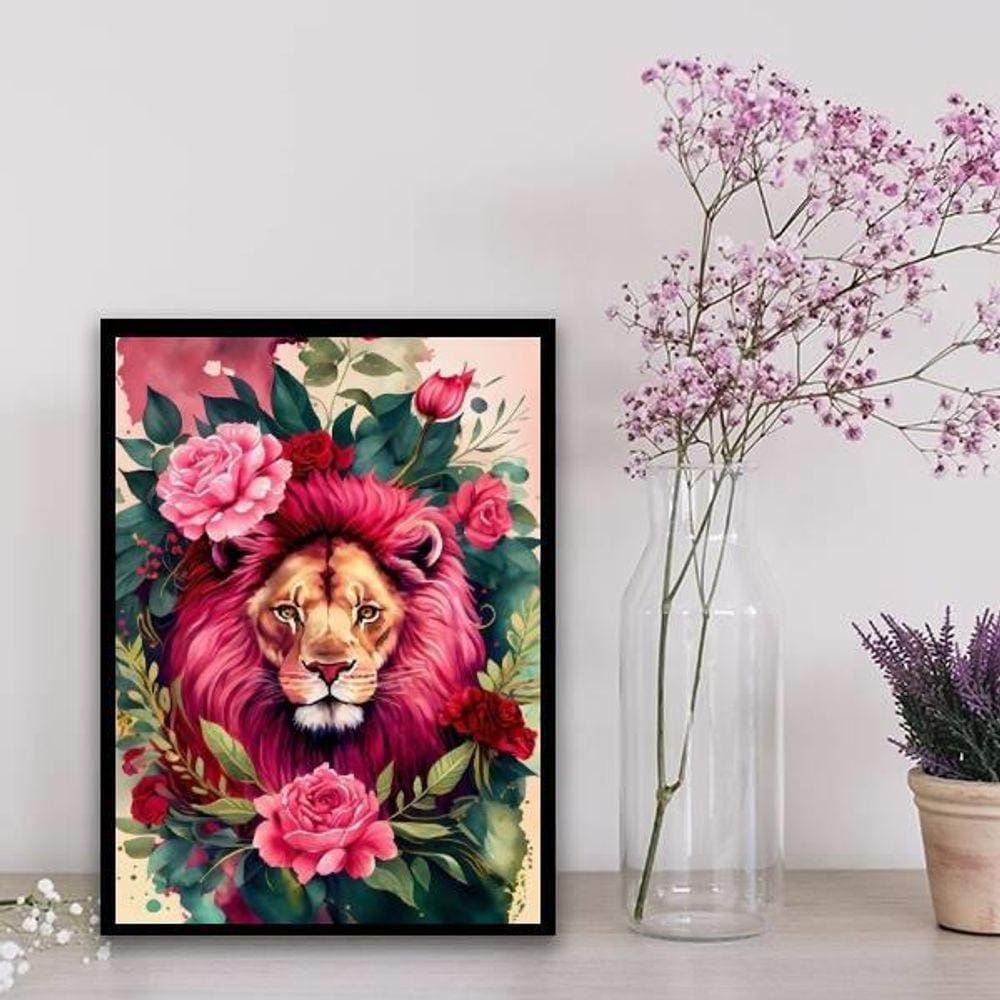 Quadro Decorativo Leão Com Rosas 45X34Cm Branca