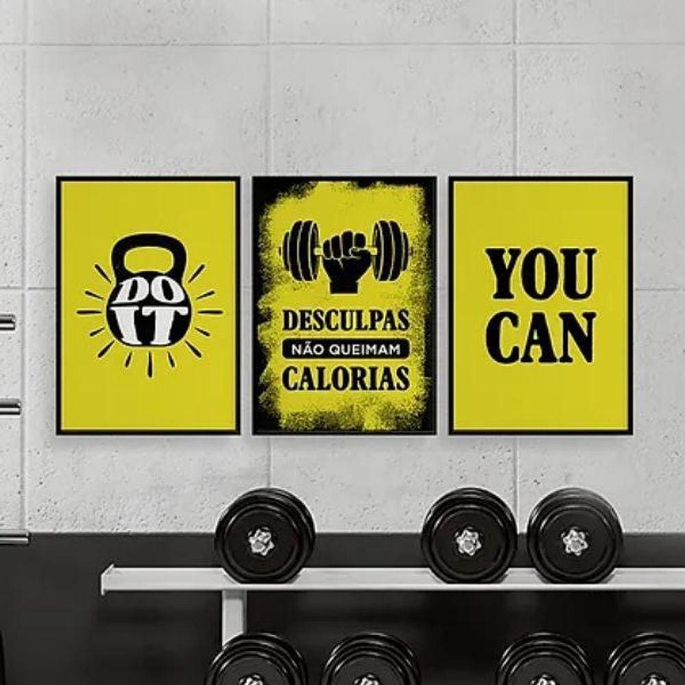 Kit 3 Quadros Crossfit You Can 33X24Cm - Com Vidro Preto