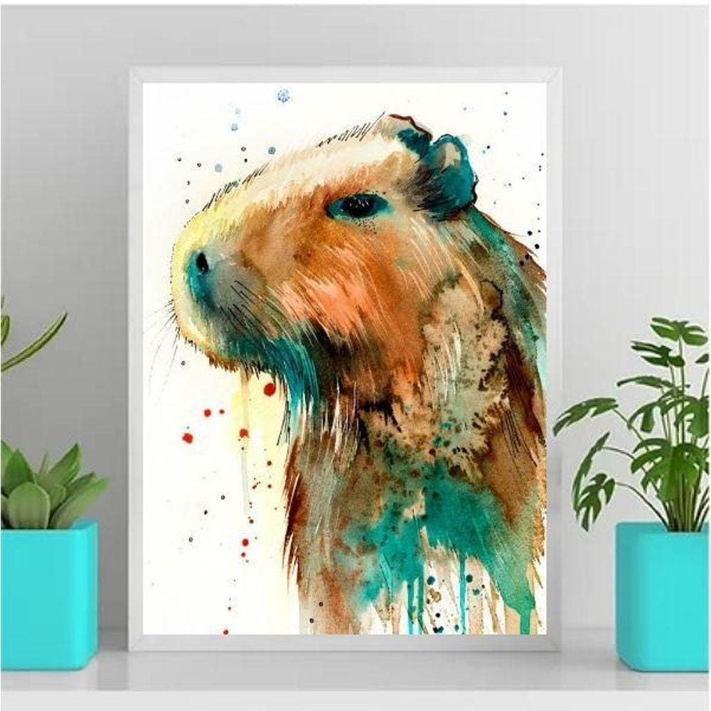 Quadro Decorativo Capivara Aquarela 33X24Cm Com Vidro Preto