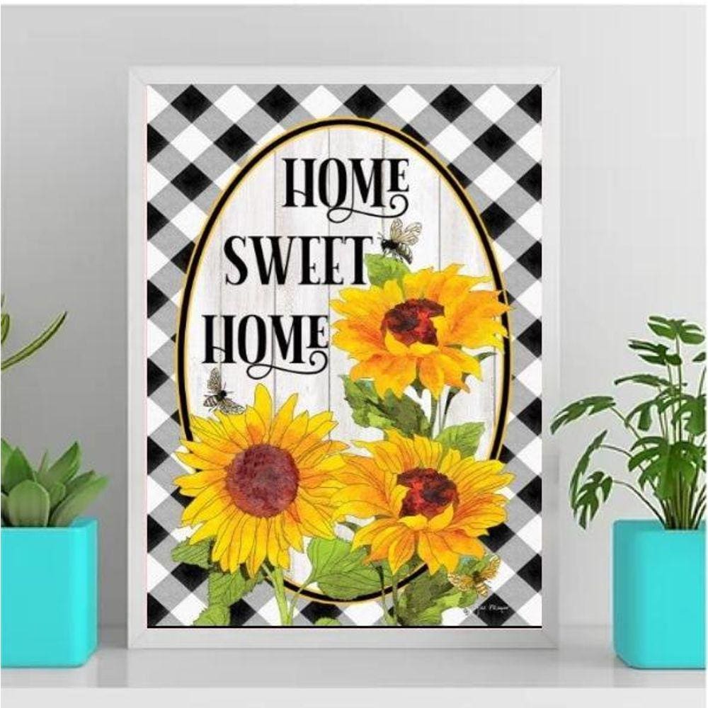 Quadro Home Sweet Home Girassóis 33X24Cm - Com Vidro Preto