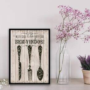 Quadro Cozinha Amigos São Bem Vindos 24X18Cm - Vidro Preta