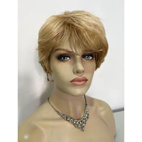 Peruca curta loira claro com franja e mechas unissex premium