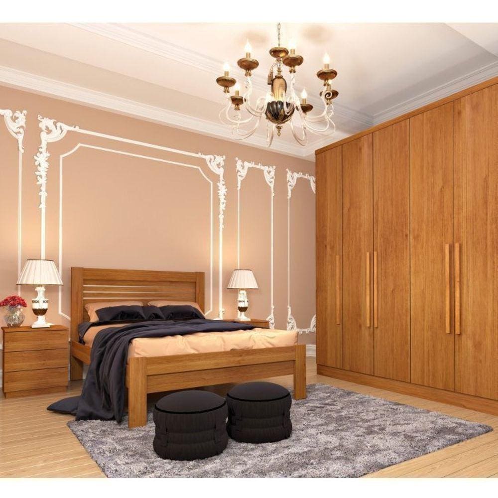 Quarto Casal Completo Guarda Roupa 6 Portas Veneza com Cama e Mesa de Cabeceira Neve Tcil Móveis Cinamomo