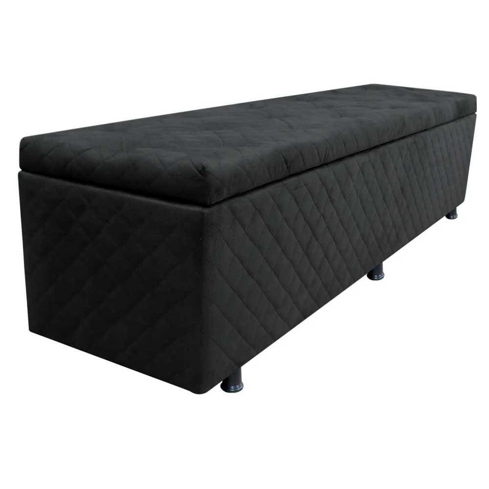 Calçadeira Baú Casal 140cm Estofada Liz S05 Suede Bordado Preto - Mpozenato