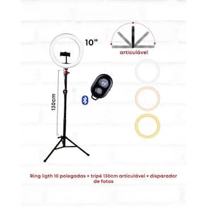 Ring Light 10" + Tripé + Phone Clip + Adaptador Ball Head