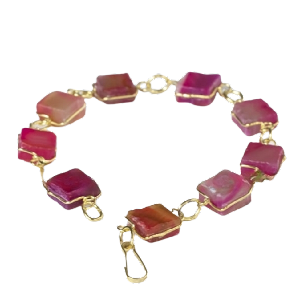 Pulseira Quadrado Pedra Agata Rosa Ranhurado Elo Dourado
