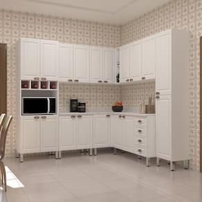 Armário de Cozinha Completa 8 Peças com Tampos e Espaço para Micro-ondas Cristal Luciane Móveis