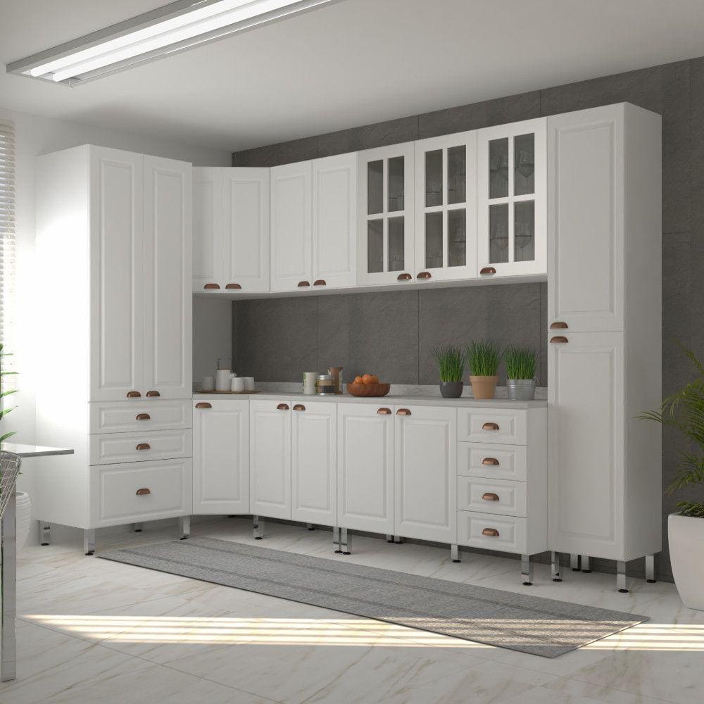 Armário de Cozinha Completa 8 Peças com Tampos e Vidro Cristal Luciane Móveis