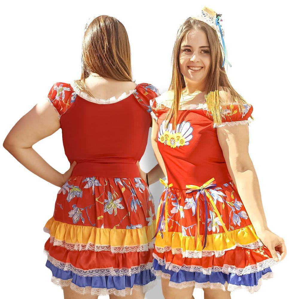 Vestido de festa junina caipira caipirinha adulto flores com tiara