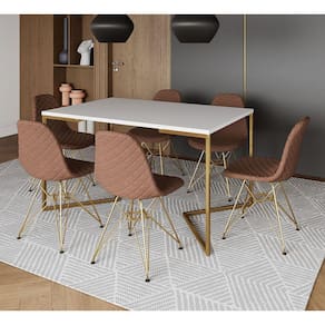 Mesa Jantar Industrial Branca Base V Dourada 137x90cm 6 Cadeiras Estofadas Caramelo Dourada