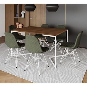 Mesa Jantar Industrial Amêndoa Base V 137x90cm 6 Cadeiras Estofadas Eames Verdes Aço Branco
