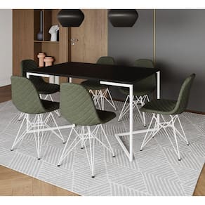 Mesa Jantar Industrial Preta Base V 137x90cm C/ 6 Cadeiras Estofadas Verdes Eiffel Aço Branco
