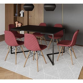 Mesa Jantar Industrial Preta 137x90cm Base V Aço Preto C/ 6 Cadeiras Madeira Estofadas Vermelhas