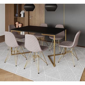 Mesa Jantar Industrial Preta Base V Dourada 137x90cm 6 Cadeiras Estofadas Nude Médio Dourada
