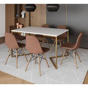 Mesa Jantar Industrial Branca Base V Dourada 137x90cm 6 Cadeiras Eames Madeira Estofadas Caramelo