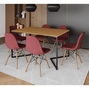 Mesa Jantar Industrial Canela 137x90cm Base V Aço Preto C/ 6 Cadeiras Madeira Estofadas Vermelhas