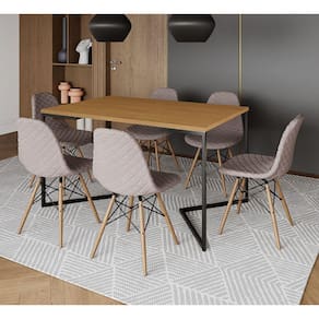Mesa Jantar Industrial Canela 137x90cm Base V Aço Preto C/ 6 Cadeiras Madeira Estofadas Nude Médio