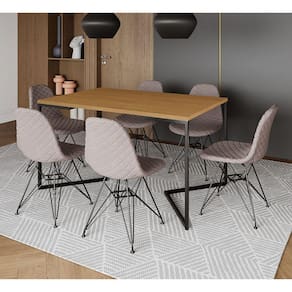 Mesa Jantar Industrial Canela 137x90cm Base V com 6 Cadeiras Estofadas Eiffel Nude Médio Aço Preto