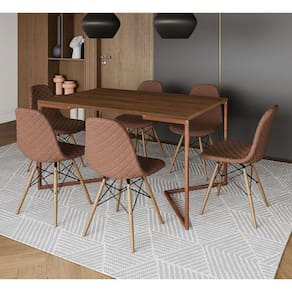 Mesa Jantar Industrial Amêndoa Base V Cobre 137x90cm com 6 Cadeiras Madeira Estofadas Caramelo