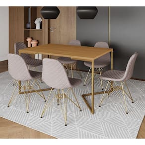 Mesa Jantar Industrial Canela Base V Dourada 137x90cm C/ 6 Cadeiras Estofadas Nude Médio Dourada