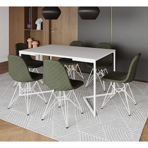 Mesa Jantar Industrial Branca Base V 137x90cm C/ 6 Cadeiras Estofadas Verdes Eiffel Aço Branco