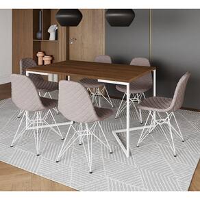 Mesa Jantar Industrial Amêndoa Base V 137x90cm 6 Cadeiras Estofadas Eames Nude Médio Aço Branco