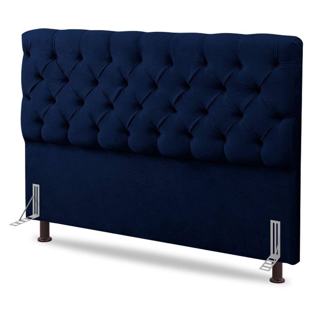 Cabeceira Cama Box Casal King Size Lylla 195cm Capitonê com Frame Veludo Azul Marinho - Desk Design