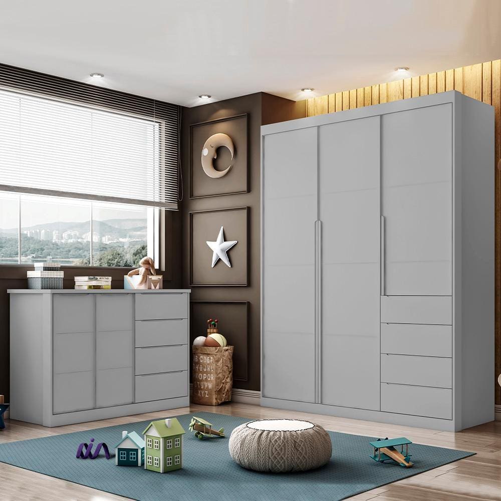 Cômoda 2 Portas e Guarda Roupa 3 Portas Infantil Cinza Moroni Shop Jm Baby - Cinza