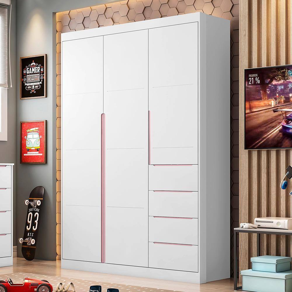 Guarda Roupa 3 Portas 4 Gavetas Branco E Rose Elise Shop Jm Baby - Branco