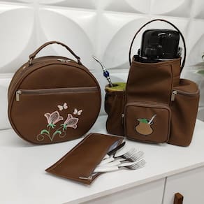 Kit Mateira e Porta Pratos Personalizado Flores Marrom - Coutre Bolsas