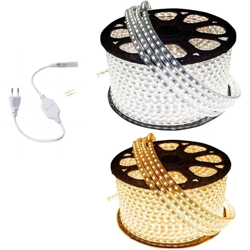 Mangueira Fita Led Chata 5050 25m Alto Brilho Sanca Gesso Marcenaria decoração - Branco quente 110V