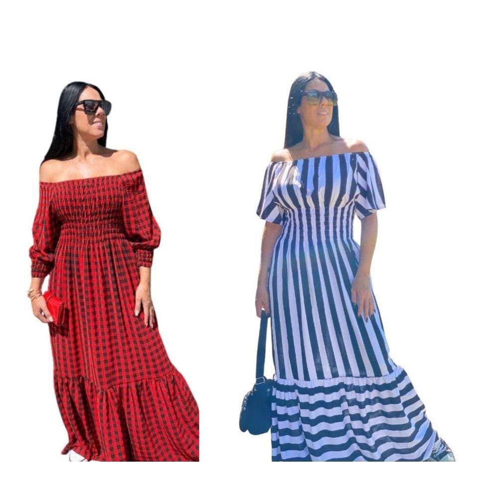 Kit 2 vestido Ciganinha PLus Size Tamanho Grande 48 ao 54 Xadrez e Listrado