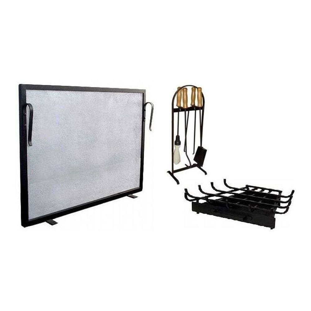 Kit para Lareira Tela 80x50 Grelha e Ferramenta de Limpeza com Cabo de Madeira
