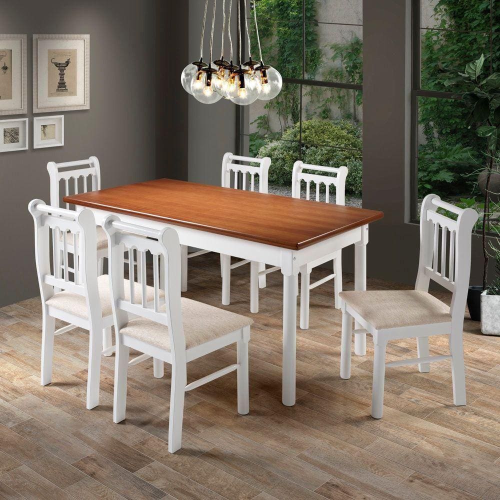 Conjunto Sala De Jantar Madeira Maciça 6 Cadeiras Mv Outlet Branco E Mel