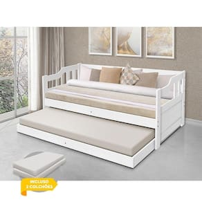 Bicama Solteiro Madeira Maciça Vintage + 2 Kit Atraente Móveis - Branco - Cor: Branco