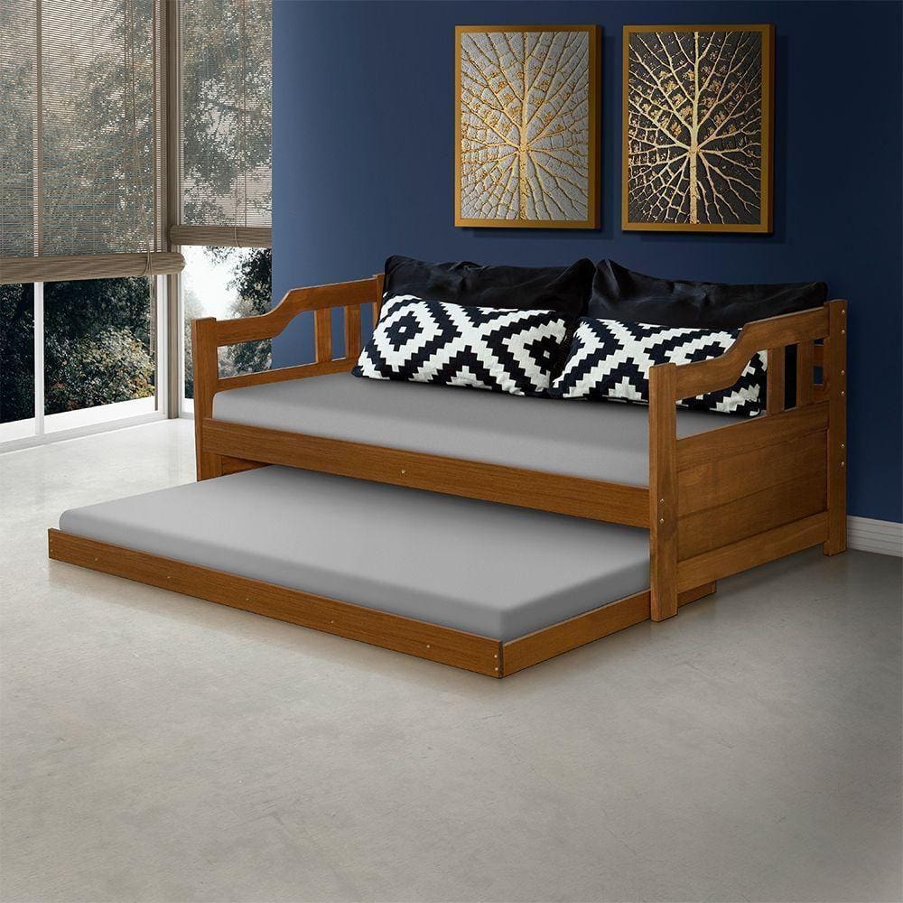 Sofa Cama Solteiro De Madeira Com Cama Auxiliar Atraente Castanho - Cor: Marrom
