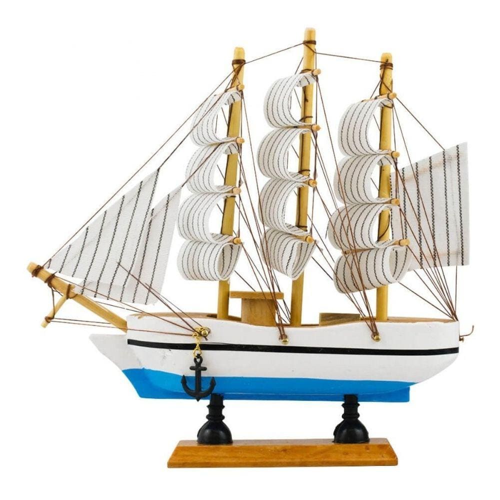 Miniatura Barco Decoração Madeira Pequeno Branco e Azul - 20cm