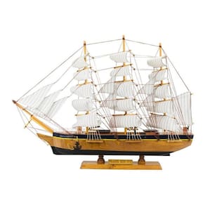 Enfeite Barco De Madeira Grande Navio Base Preta 69cm