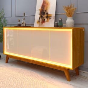 Aparador Buffet 100% MDF 04 Portas e LED Requinte Naturale/Off White Gelius