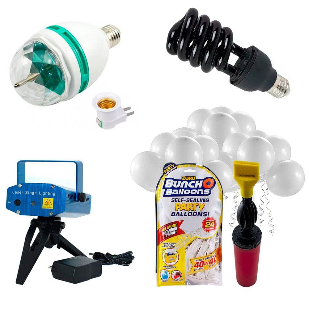 Kit Iluminação Decoração de Festa com Bexigas e Inflador Jogo de Luzes Laser Bola RGB Luz Negra 36w 110v