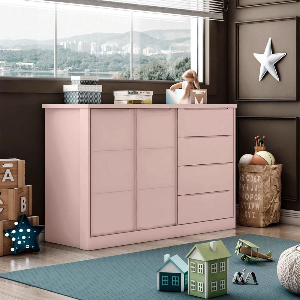 Cômoda Infantil 2 Portas 4 Gavetas Rosê Pérola Phoenix Baby - Rosê
