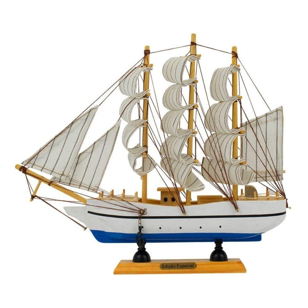 Miniatura Barco de Madeira Decorativo Decoração Branco - 31cm