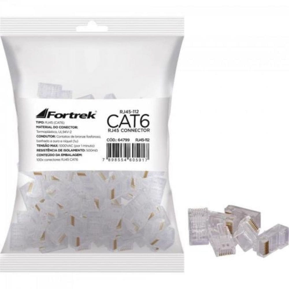 Kit 5 Pacotes Conector RJ45 Cat6 Fortrek com 500 Peças