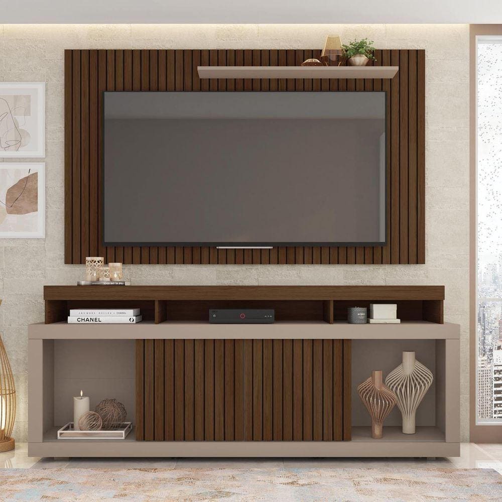 Rack com Painel Para TV de até 65 Polegadas 2 Portas Ripado Esmeralda Havana/Cinza
