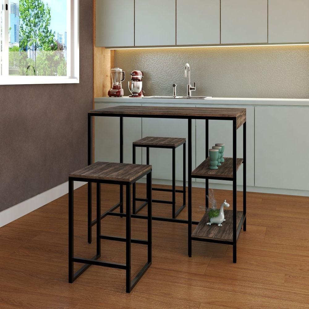 Mesa Bistrô 100cm 2 Banquetas Active Yescasa Carvalho Dark/Preto